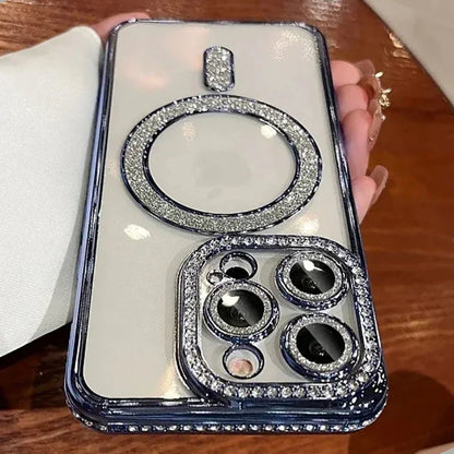 Woman holding iPhone with Amiriva glitter diamond case – stylish and protective