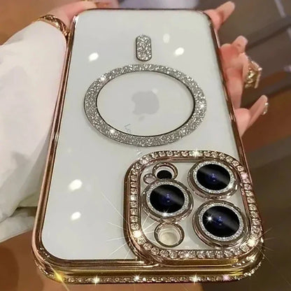 Woman holding iPhone with Amiriva glitter diamond case – stylish and protective