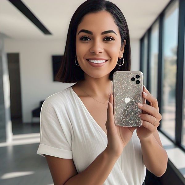 Happy customers reviewing Amiriva glitter iPhone case with photos, five-star ratings, and testimonials highlighting sparkle, style, and durability.