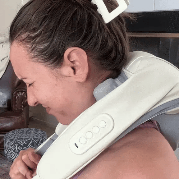 Amiriva Wireless Neck and Shoulder Massager with Heat Function, designed for relaxation and comfort, showing the ergonomic massager draped around a person's neck and shoulders.