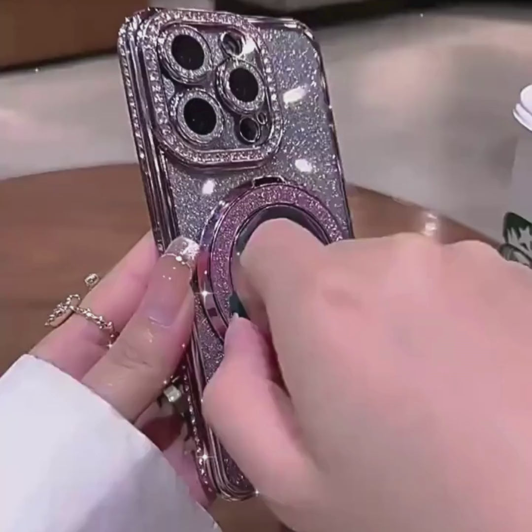 Amiriva diamond glitter MagSafe iPhone case with mirror magnetic stand for iPhone 12 to 16 Pro Max